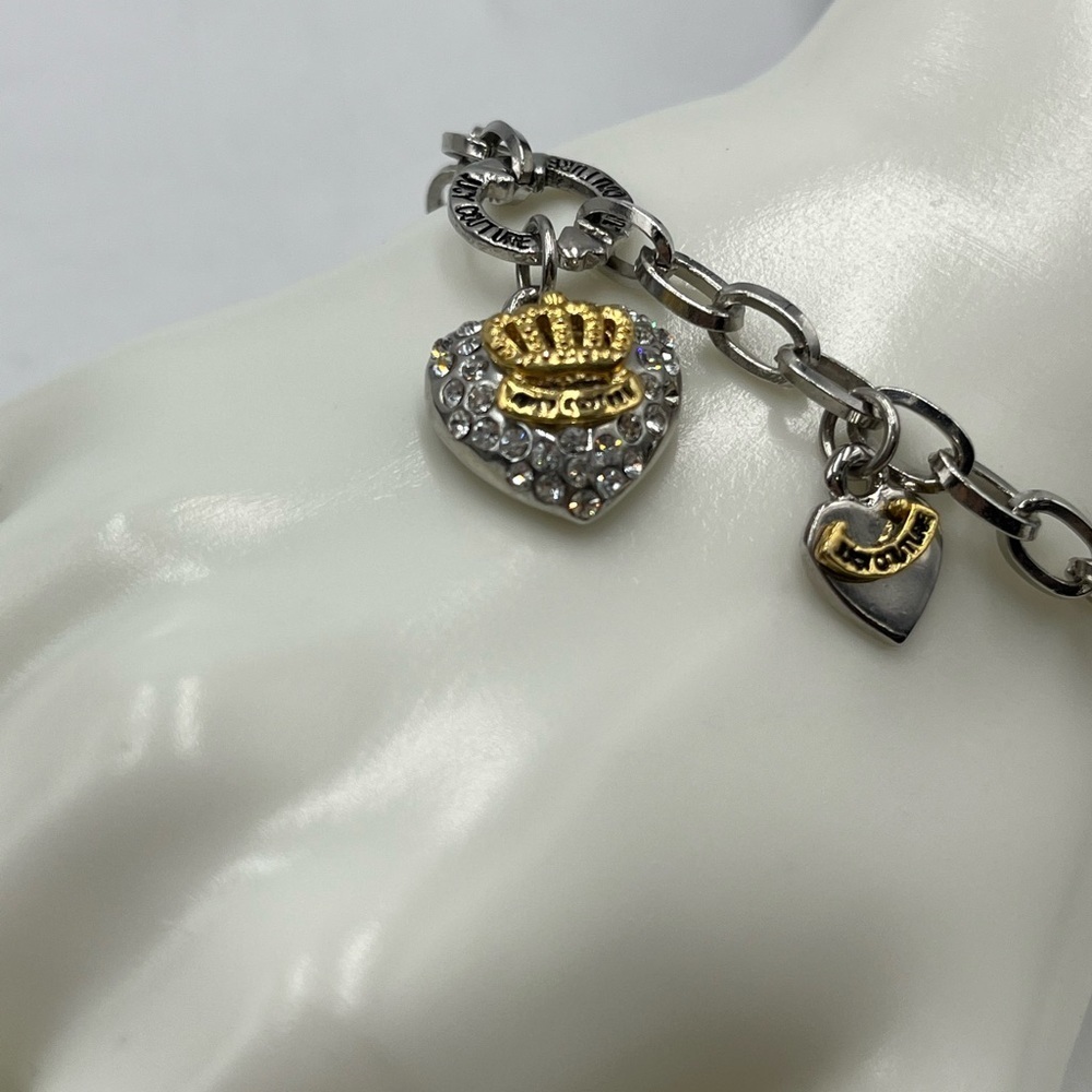 Juicy Couture‎ Chain Bracelet Pave Crystal Silver Gold Tone Puff Heart Charms - Picture 6 of 16